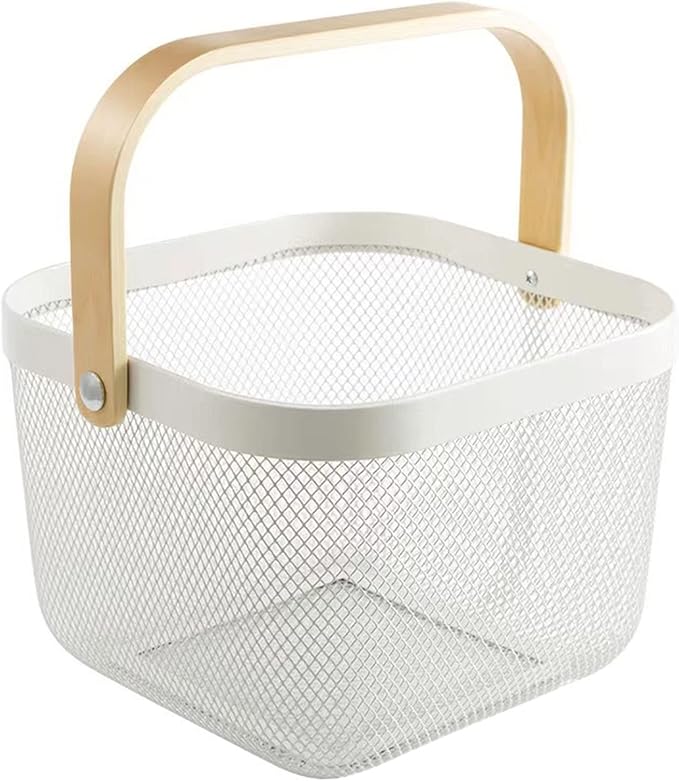 Metal Mesh Steel Basket, Storage Organizer Basket Multi-functional Hanging Kitchen Baskets Fruit Basket Bin with Bamboo Handle for Kitchen Bathroom Picnic Shopping Decor Cabinet Home, White