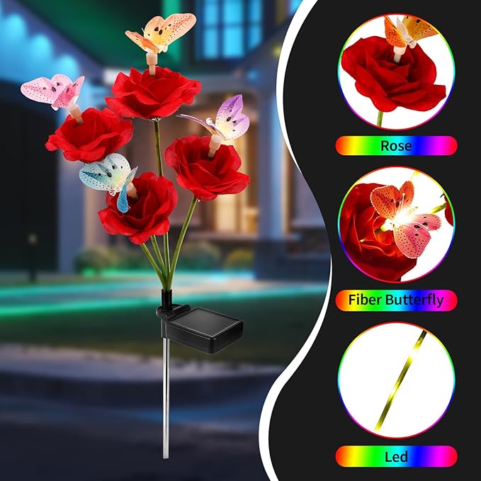 Solar Butterfly Rose Garden Lights Outdoor Waterproof Decorative Flower Garden Decor Yard Patio Lawn Outdoor, Gifts for Mother's Day3 Pack Gifts for Women (Butterfly Rose)