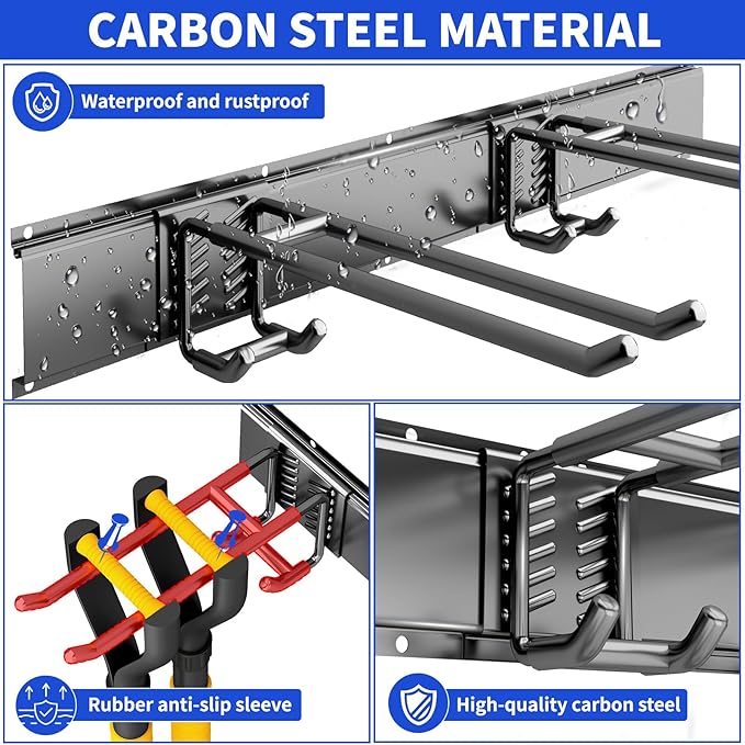 Garage Organization Tool Organizer Wall Mount, 48inch Heavy Duty Garden Tool organizer Storage System, Easy Install With 6 Adjustable Bilayer Hooks, For Garage, Basement, Shed, Workshop(Black)