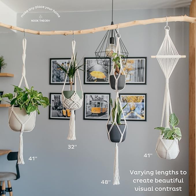 Nook Theory 4-Pack Macrame Plant Hanger - with 8 Ceiling Hooks - Hanging Planter Indoor Outdoor - Hanging Plant Holder - Decorative Bohemian Plant Hangers - Hanging Plants (Pearl)