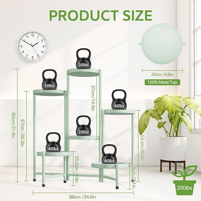 iDavosic.ly 6 Tier Large Plant Stand Indoor, 10 Inch Wide Tall Corner Metal Plant Stands Outdoor for Multiple Plants, Folding Tiered Flower Display Holder Rack Shelf, Light Green