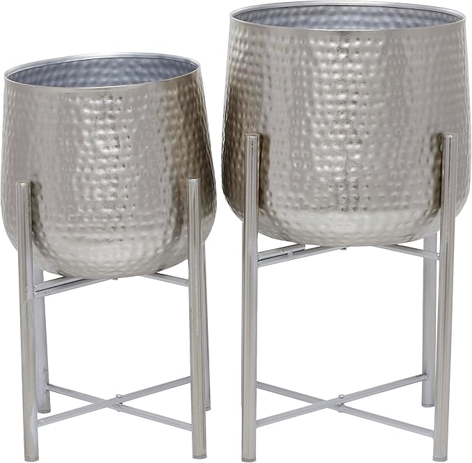 CosmoLiving by Cosmopolitan Metal Indoor Outdoor Planter Hammered Large Planter Pot with X-Shaped Stands, Set of 2 Planters 19", 16"H, Silver