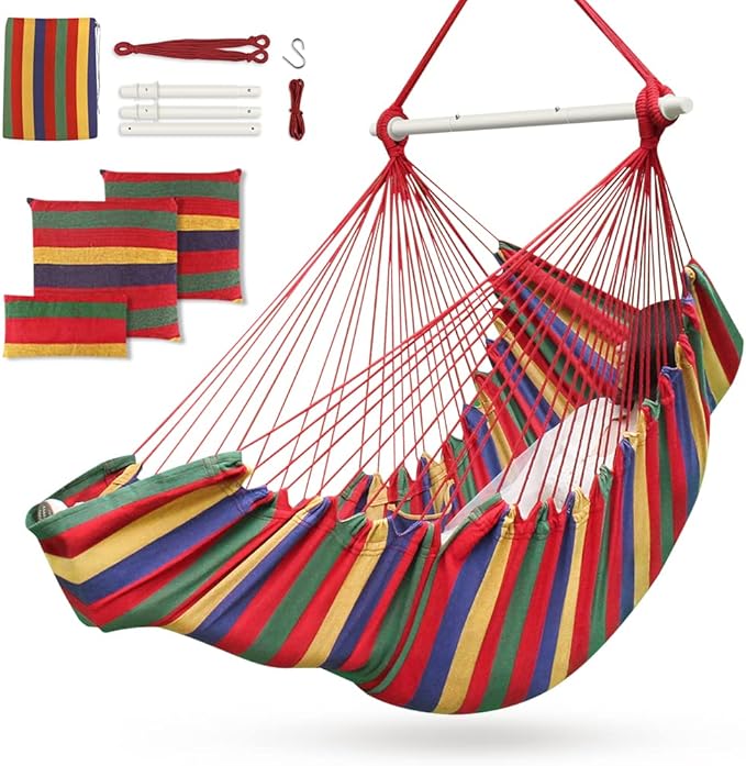Outerman Hammock Chair, Hanging Chair with 3 Cushions and Foot Rest Support, Sturdy Metal Spreader Bar Max 440 Lbs, Swing Chair for Bedroom, Indoor & Outdoor, Patio, Porch or Tree（Red）