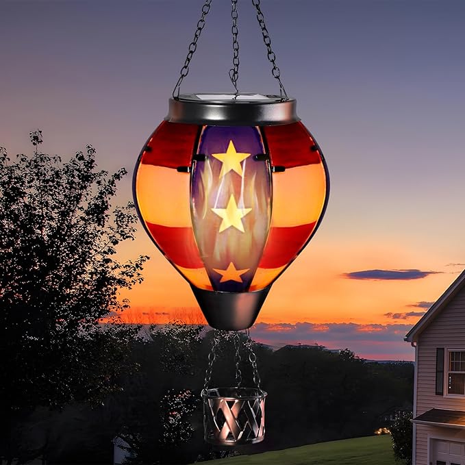 pearlstar Hot Air Balloon Solar Lantern with Flickering Flame Light Outdoor Solar Hanging Lights Waterproof for Garden Yard Farmhouse Patio Pathway Outside Independence Day Decoration,Glass, Star