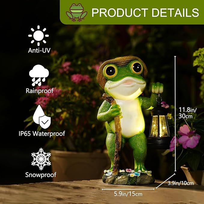 Solar Frog Garden Decor with Lantern Outdoor Statue for Patio Pathway Frog Figurine for Yard Decoration Lawn Ornament Gardening Gifts for Women Mom Grandma