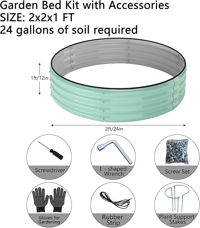 Galvanized Metal Planter Round Raised Garden Bed Kit for Gardening Outdoor，2x2x1ft Grow Garden Box Raised Flower Bed，Round Galvanized Planter Outdoor Metal Fire Pit Ring Green