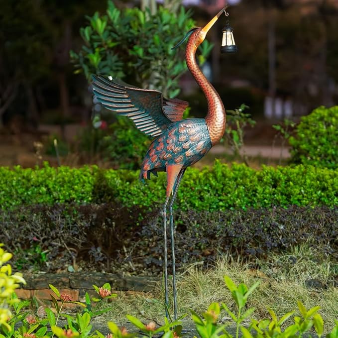 48'' Heron Garden Statue, Large Crane Outdoor Statue with Solar Lantern, Crane Bird Metal Yard Art for Outside Backyard, Pond, Porch Decor