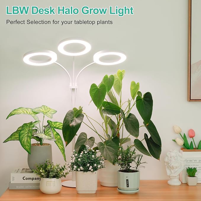 LBW Halo Plant Grow Light, Tri-Head Desk Grow Light for Indoor Growth, 72x3 LEDs Full Spectrum Grow Lamp with 4/8/12H Auto Timer, 4 Brightness Levels, Height Adjustable, Ideal for Indoor Plants, White