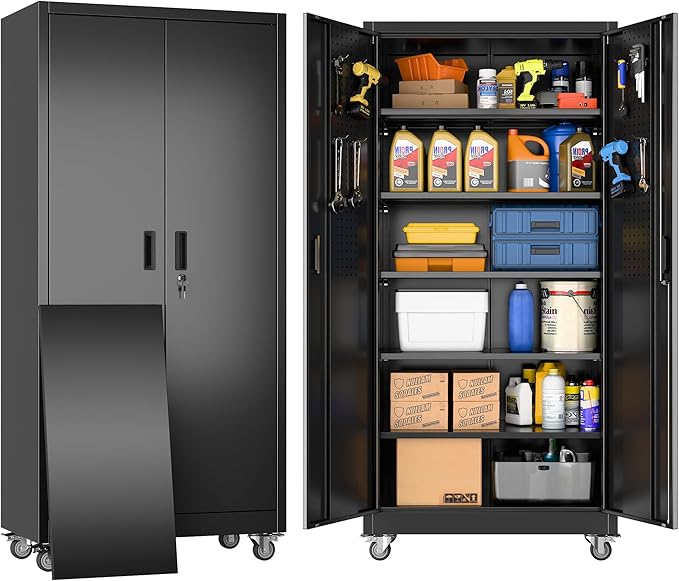 Garage Storage Cabinet with Wheels & Pegboard, 71" H×34" W×18" D Locking Metal Storage Cabinet with 2 Doors and 5 Adjustable Shelves for Garage Workshop Home, Black, Assembly Required