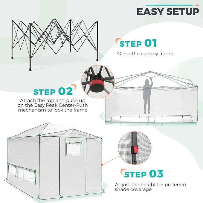 EAGLE PEAK 12x8 Portable Walk-in Greenhouse, Pop-up Indoor Outdoor Garden Green House, Zippered Doors and Windows, PE Cover, White