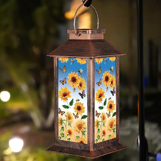 Solar Lantern Outdoor Waterproof Sunflower Butterfly Garden Decor Birthday Gifts for Women Mom and Grandma Solar LED Plastic Decorative Hanging Light for Yard(Sunflower Butterfly)