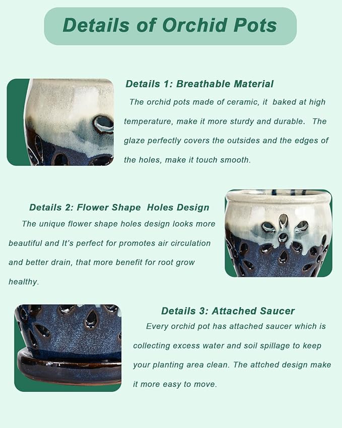 vensovo 4 Inch Ceramic Orchid Pots with Holes and Saucers - 2 Pcs Small Succulent Pot for Repotting, Garden Flowerpots for Plants Indoor and Outdoor Promotes Air Circulation (Blue, Blue Mixed)