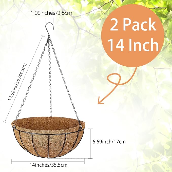 ZeeDix 2 Pack 14 Inch Metal Round Hanging Planter Basket with Coconut Liners Replacement, Hanging planters Baskets with Natural Coco Liner for Outdoor Indoor Planters Flowers Vegetables