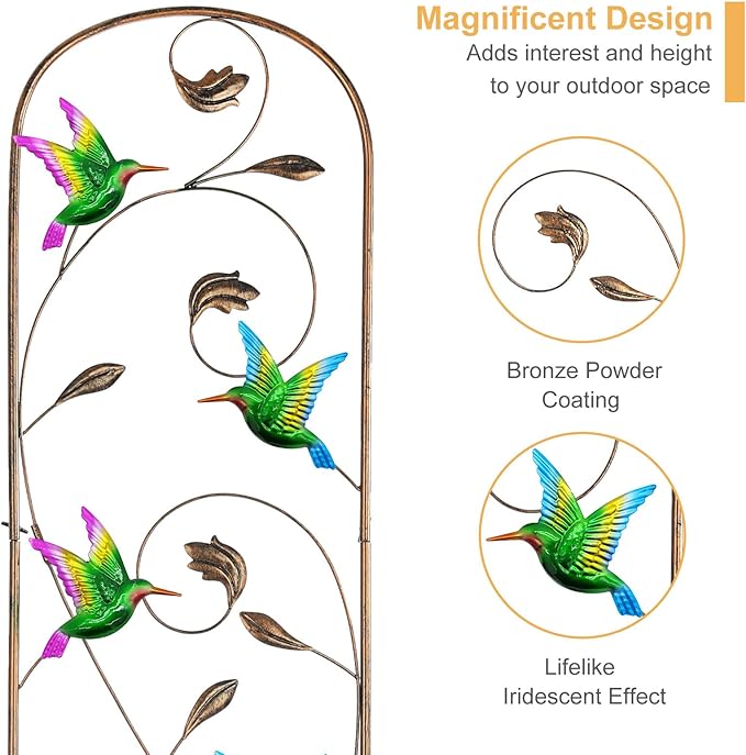 LEWIS&WAYNE 2 Pack Metal Garden Trellis with Colorful Hummingbird 60 Inch High Outdoor Decoration Arched Fence Trellis for Climbing Plants for Patio, Lawn, Yard, Backyard, Wall Brackets