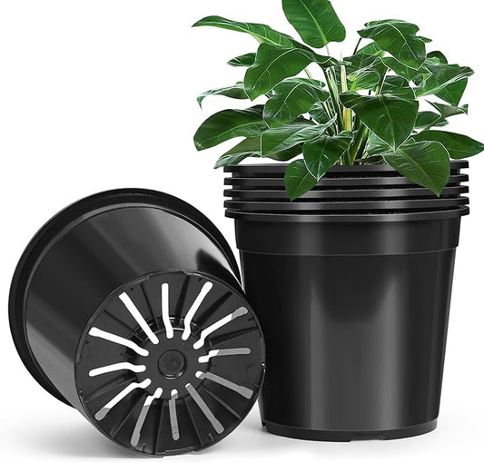 1/2/3/5/7 Gallon Pots for Plants, 5 Gallon Plastic Nursery Pot with Drainage Holes, Sturdy Plastic Plant Pots for Nursery Garden, Flowers, Succulent Outdoor Indoor (Black, 5 Gal- 6 Pack)