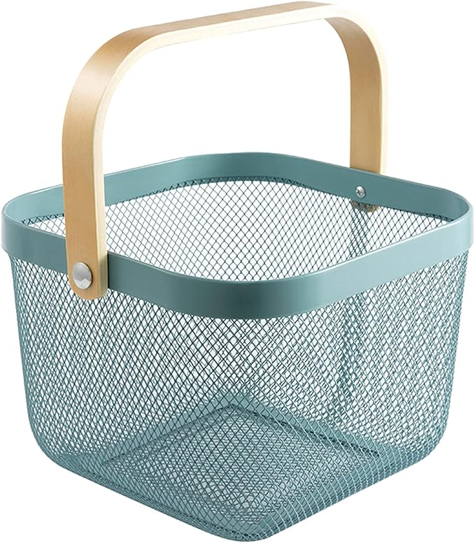 Metal Mesh Steel Basket, Storage Organizer Basket Multi-functional Hanging Kitchen Baskets Fruit Basket Bin with Bamboo Handle for Kitchen Bathroom Picnic Shopping Decor Cabinet Home, Blue