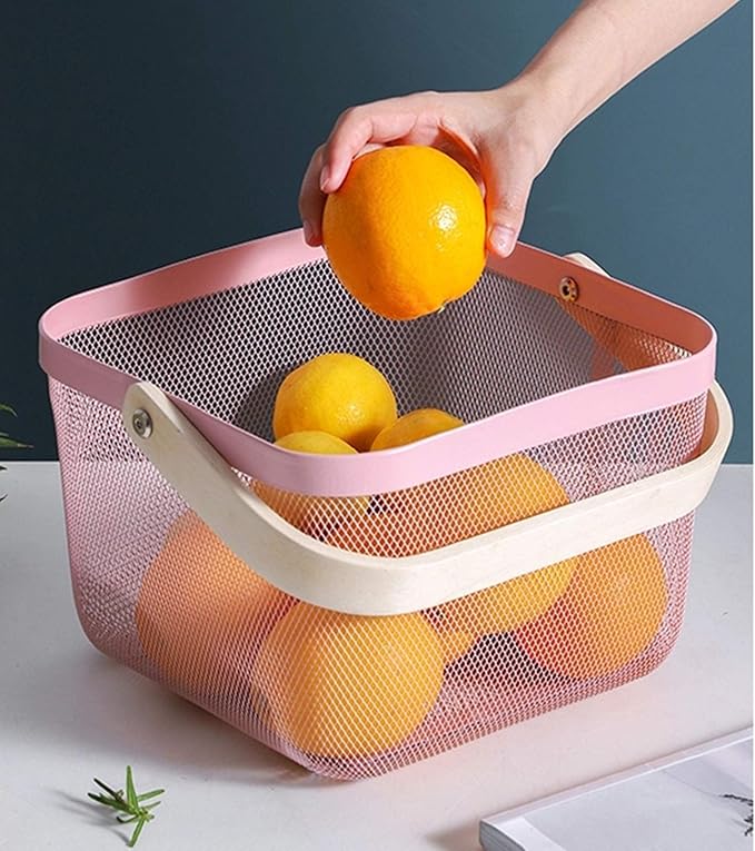 Metal Mesh Steel Basket, Storage Organizer Basket Multi-functional Hanging Kitchen Baskets Fruit Basket Bin with Bamboo Handle for Kitchen Bathroom Picnic Shopping Decor Cabinet Home, Pink