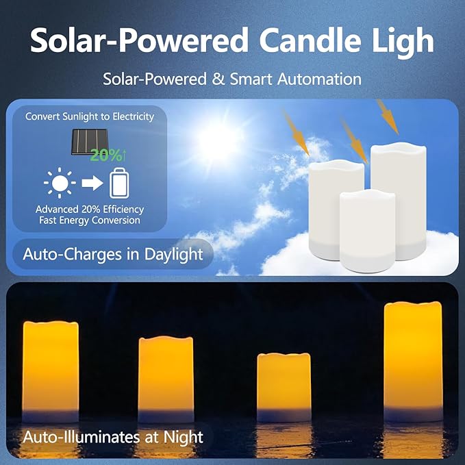 salipt Solar Powered Candles - 3.25" x 6" Waterproof LED Flameless Pillar Candle Set,Dusk to Dawn, Rechargeable Solar Battery Included,Waterproof for Patio Decor,Set of 4