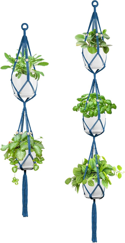 USLAI Macrame Plant Hanger Indoor Outdoor, Up to 4-15 inch Pot, Heavy 20lb Planters, Extra Long Strong Hanging Planter Basket Holder, Boho Home Decor, 49+72 Inch, Blue (POTS NOT Included)