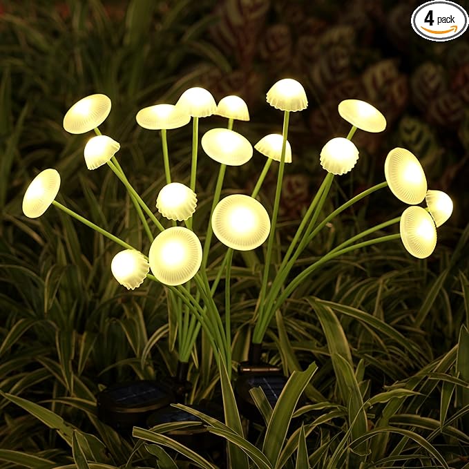 Solar Garden Lights, 4-Pack Dual Mode LED Solar Mushroom Lights, Waterproof Firefly Outdoor Decor for Yard, Patio, and Pathway – Warm White Jellyfish Ambiance