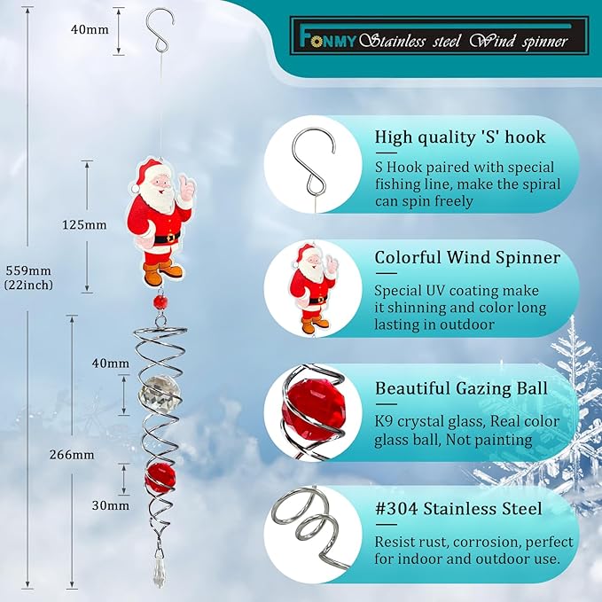 FONMY Santa Claus Gazing Ball Spiral Decorative Wind Spinner Sun Catcher Rainbow Maker Silver Spiral W/ K9 Crystal Ball Christmas Tree Hanging Ornament Indoor Outdoor Garden Decor. 22 in
