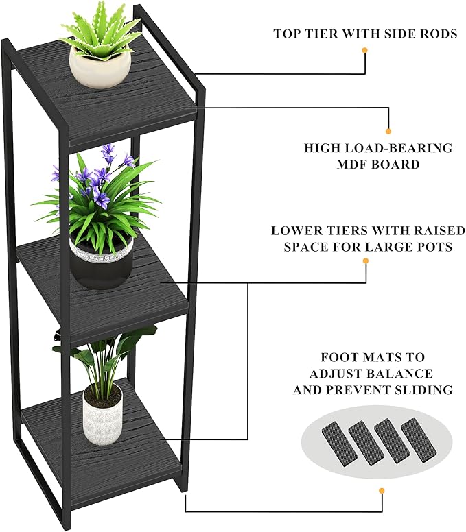 45" Tall Plant Stand Indoor, 3-Tier Modern Plant Shelf Corner Flower Pot Holder Organizer for Living Room Balcony Garden, Black