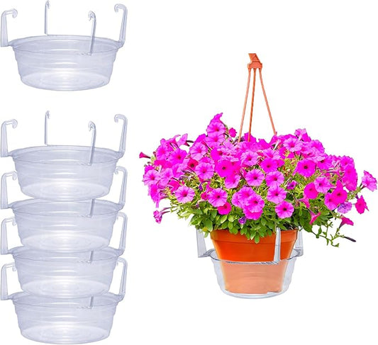 Curtis Wagner Plastics Hanging Basket Drip Pans (5-Pack) | Clear, Round (Diameter = 9" Base, 12" Top, 3.75" Depth) Hanging Plant Tray Saucer with Built-in Hooks & Water Catcher for Indoor & Outdoor