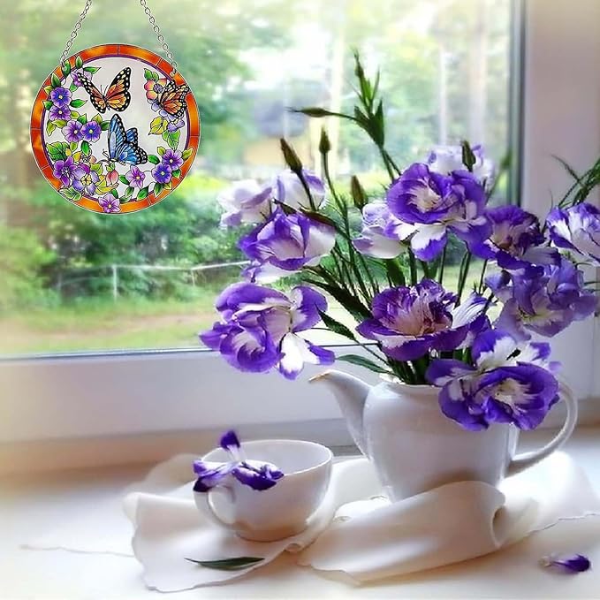 Butterfly Stained Glass Suncather Window Hangings, Colorful Flower Suncatchers 6 inch Colorful Glass Panel Sun Catchers Pretty Gifts, Decoration for Home Garden Christmas Party Wedding