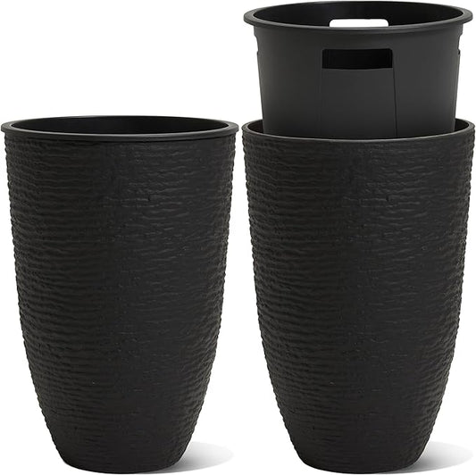 WORTH Garden 2-Pack 21" H. Black Tall Planters with Inside Pots - 14'' Dia Plastic Large Round Plant Tree Pots - Decorative Imitation Stone Finish for Indoor Outdoor Front Porch Container Patio