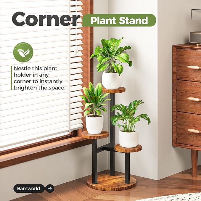 Bamworld 3 Tier Plant Stand Indoor Small Plant Shelf Outdoor Metal Tall Flower Holder Table Support Rack Garden Accessories for Plant Lovers(Brown)