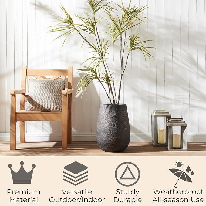 Weathered Concrete 19.7 Inch Tall Planter, Large Decorative Flower Pot with Drainage Hole, Round Plant Container for Home, Garden, Patio, Courtyard, A Dusting of Bronze Rust with Green Tone, 1 Pack