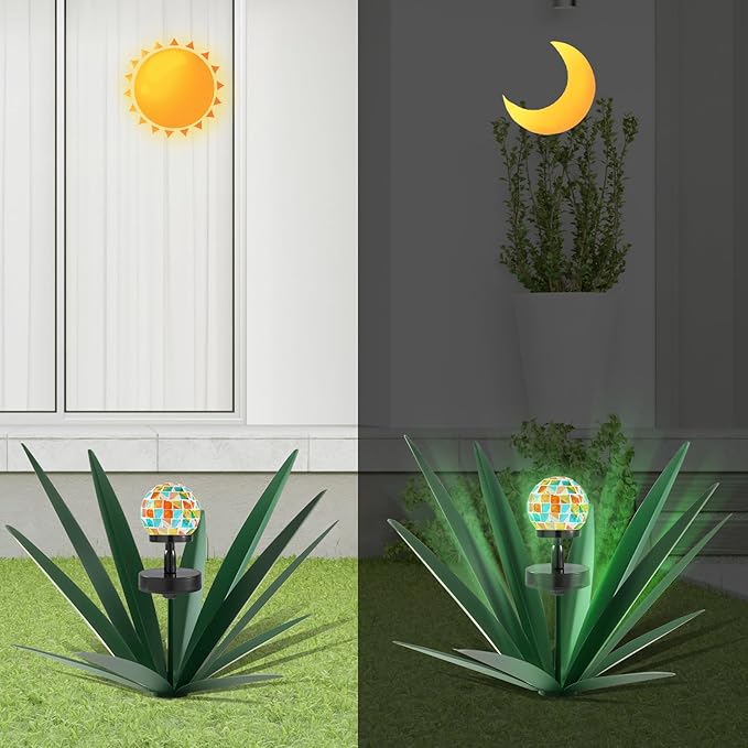 Enlarge Metal Plants Tequila Rustic Sculpture, Outdoor Patio Yard, Home Decor Hand Painted Agave Garden Statue, Outdoor Lawn Ornaments Yard Stakes for Mom Gift (2 Solar Green)