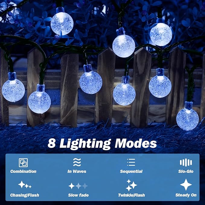 Solar Lights Outdoor Waterproof, 2 Pack Total 120LED 72FT Solar String Lights for Outside w/ 8 Modes, Outdoor String Lights Crystal Globe Patio Lights for Garden Yard Party Decor (Bule)