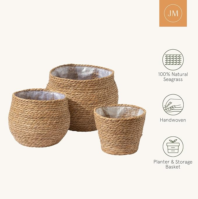 LA JOLIE MUSE Natural Seagrass Large Planter, Plant Pots Cover, Indoor Planters Flower Pots, 13.5+12+9 inch Pack 3, Brown