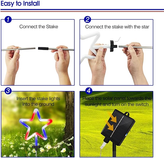 4 Pack Red White and Blue Solar Light Outdoor, 4th of July Decorations Patriotic Lights with Big LED Neon Star, Garden Stake Pathway Lights with 8 Modes for Independence Day Memorial Day Decor