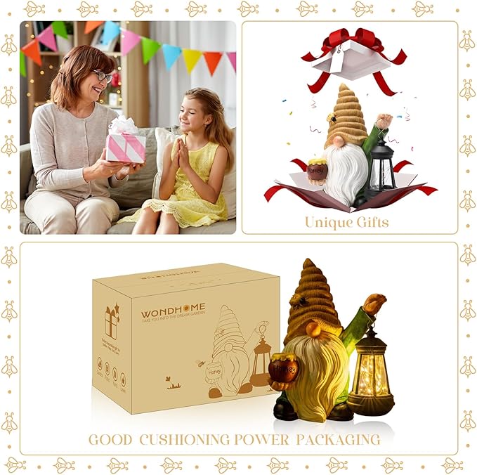 12.3''Solar Garden Gnome Outdoor Decor Honey Bee jar Gnome Statue with LED Lantern Fall Patio Yard Art Decoration Christmas Gardening Birthday Gifts for Women Mom, Honey Bee Gnome