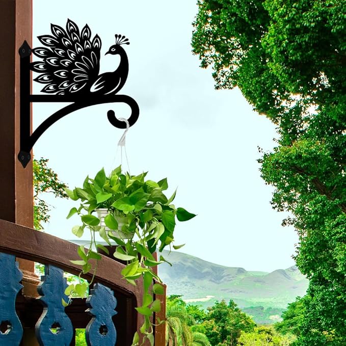 peacoblue Iron Plant Hangers Hooks for Outdoor Indoor Hanging Plants Flower Fern Pots Lantern Bird Feeder Wind Chime,12"x15.5" Weather Resistant Metal Wall Holder for Porch Garden Farmhouse(Peacock)