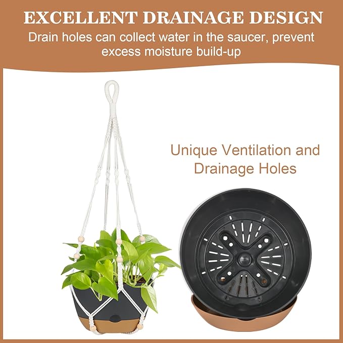 3 Pack Hanging Planters Set, 10 + 10 + 8 Inch Self-Watering Hanging Plant Pot, Macrame Plant Hanger with Pot, Ceiling Hooks, Removable Saucer and Drainage Holes for Indoor, Outdoor Plants - Black
