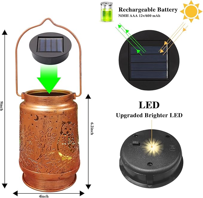 Solar Lanterns Outdoor Waterproof - Metal Hanging Solar Lights for Patio Yard Garden Decor, Christmas Birthday Gifts for Women Mom Men (2 Pack, Owl Shape)
