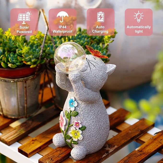 Solar Cat Outdoor Garden Statues : Outside Decor with Lights Clearance for Yard Art Lawn Ornaments Porch Patio Balcony Home House - Birthday Gifts for Grandma Mom Women