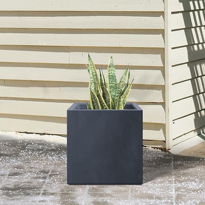 Kante 16 Inch Square Concrete Planter for Outdoor Indoor Home Patio Garden, Large Plant Pot with Drainage Hole and Rubber Plug, Charcoal