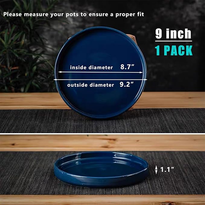 Ceramic Flower Pot Saucers, 9 Inch Plant Pot Saucers for Indoors Plants, Plant Trays for Pots Holding Water Drips and Soil, Drainage Tray for Plant Pot (Blue)