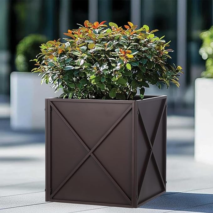 Metal Square Planter Box Tall Planters for Outdoor Plants Modern Heavy Duty with Drainage Holes for Outside Indoor Patio Deck - Brown, 17”x 17”x 18”