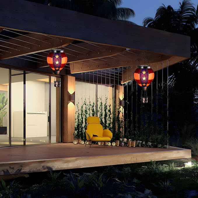 pearlstar Hot Air Balloon Solar Lantern with Flickering Flame Light Outdoor Solar Hanging Lights Waterproof for Garden Yard Farmhouse Patio Pathway Outside Independence Day Decoration,Glass, Star