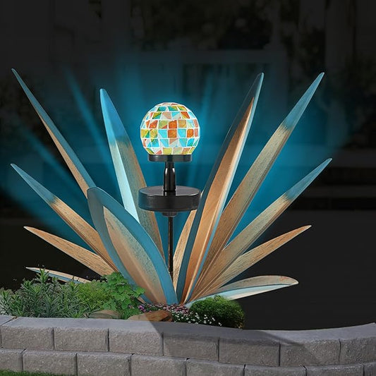 Enlarge Metal Plants Tequila Rustic Sculpture, Outdoor Patio Yard, Home Decor Hand Painted Agave Garden Statue, Outdoor Lawn Ornaments Yard Stakes for Mom Gift (1 Solar Blue)