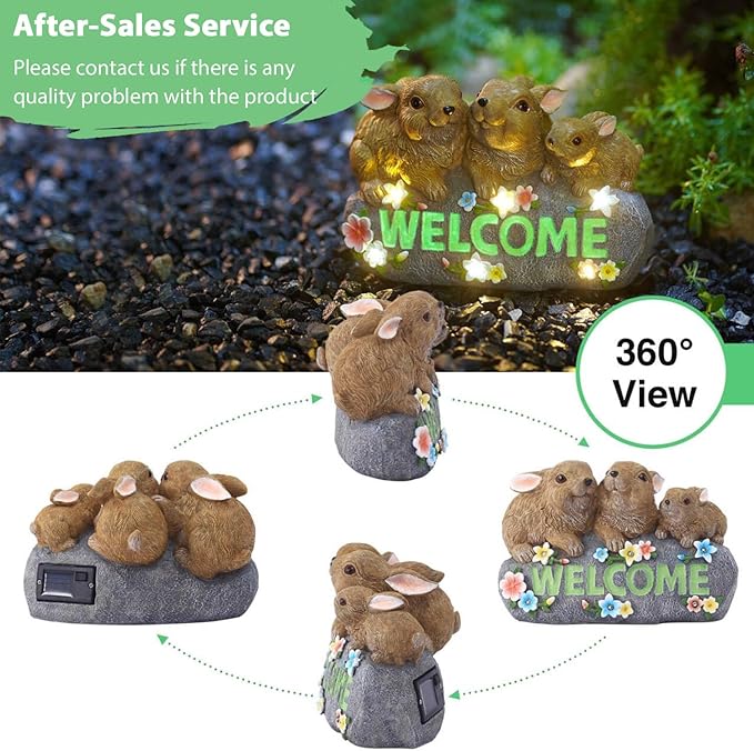 Solar Rabbits with Welcome Sign - Outdoor Bunny Decor with Solar LED Lights - Rabbit Garden Decor & Outdoor Light-Up Gifts for Women, Moms or Birthdays