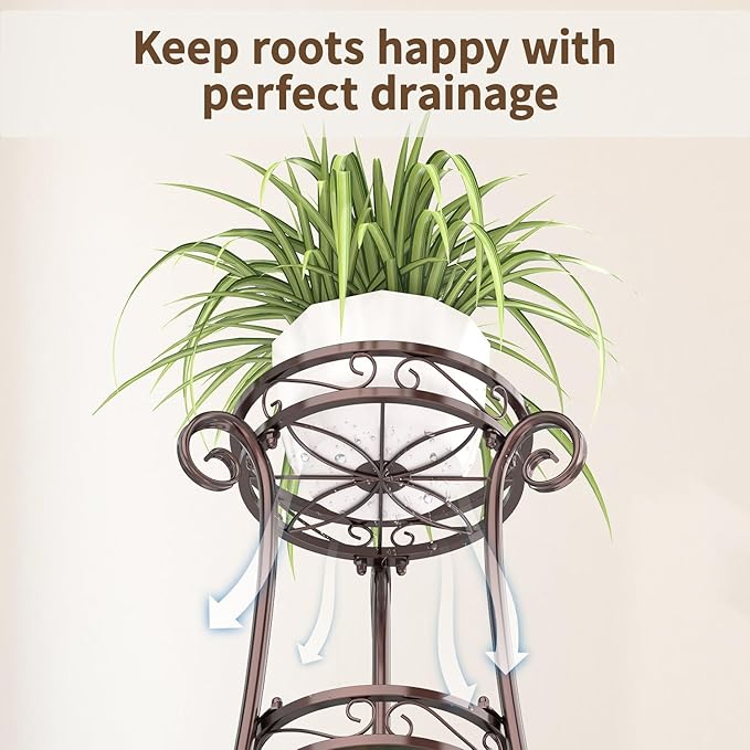 LASZOLA 3 Tier Bronze Metal Plant Stand for Multiple Large Planters Indoor Outdoor Organizer, Heavy Duty Tall Flower Stand for Corner Patio Bathroom Office, Modern Sturdy Vertical Iron Rack, Cat Proof