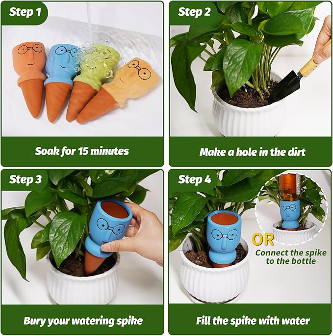 Terracotta Self Watering Spikes, 4 Pack Self Watering Planter Insert, Vacation Plant Slow Release Watering Devices for Indoor Outdoor Plants, Big Head