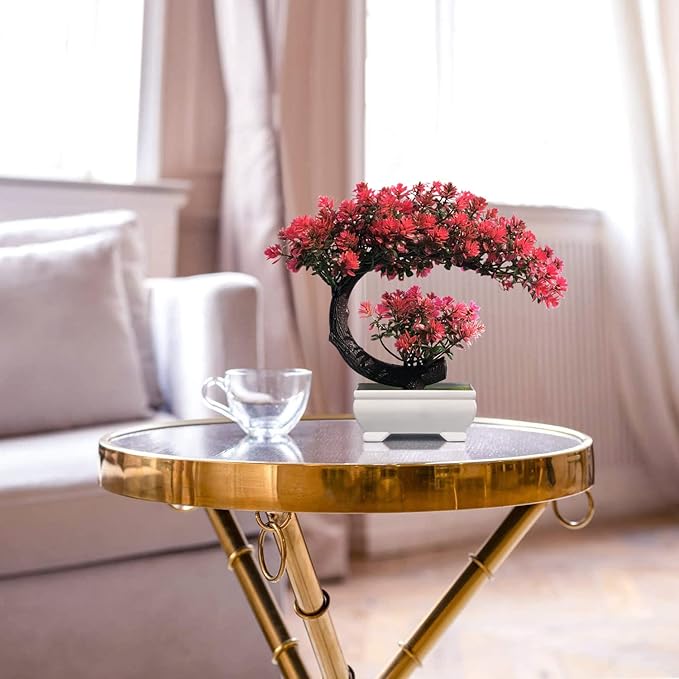 Small Artificial Plants Greenery Desktop Bonsai - Magenta Fake Plants for Home Decor Indoor Bookshelf Office Desk Bathroom Room Decor, Tall 8.5"