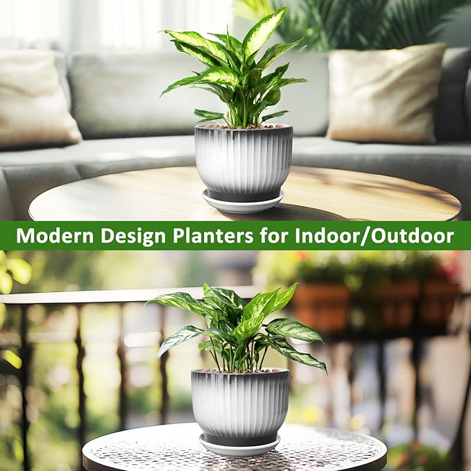 8 Inch Plant Pot, Ceramic Planter with Drainage and Saucer, Ceramic Pots for Plants, Indoor Plant pots,Ceramic Flower pots(Black + White, Plants NOT Included)